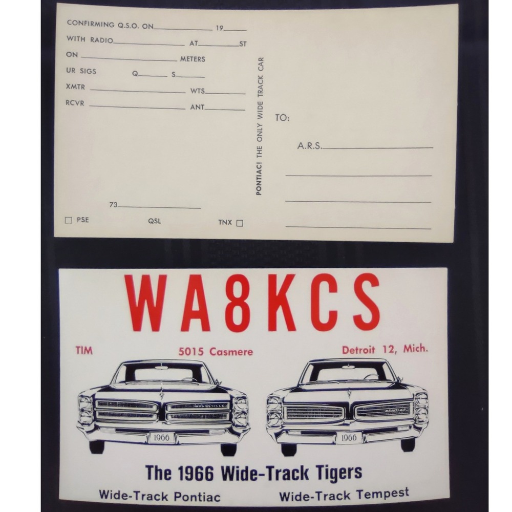 Vtg 1966 Pontiac Wide-Track Tigers Ham Radio QSL Card WA8KCS Detroit MI‎ Unused